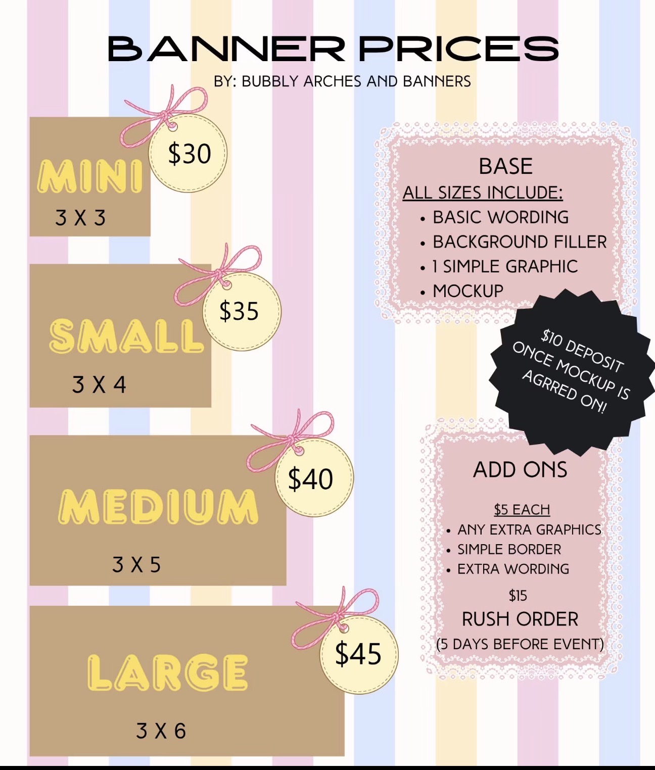 Banner price sheet: Mini 3x3 $30, Small 3x4 $35, Medium 3x5 $40, Large 3x6 $45, with base inclusions, $5 add-ons, $15 rush order and $10 deposit